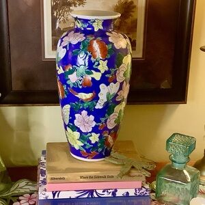 Vintage Chinese Hand Painted Vase Floral, Butterfly, & Bird Design of light